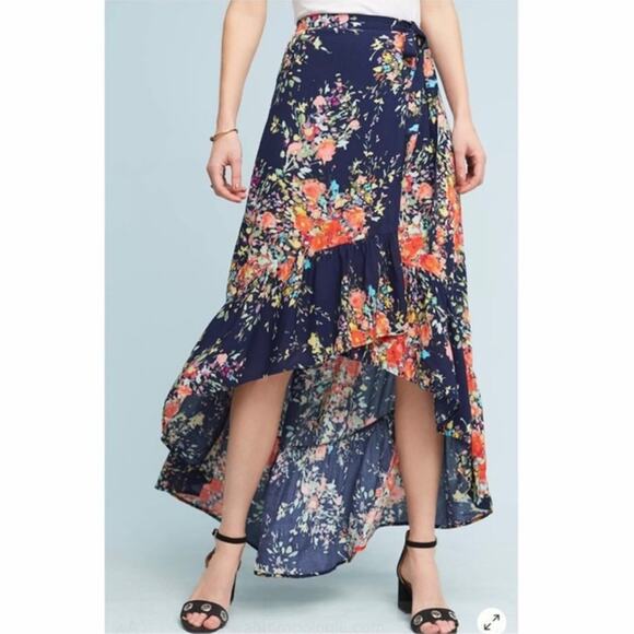ANTHROPOLOGIE ON THE ROAD BLUE FLORAL HiGH LOW FULL A LINE SKIRT XS - Picture 1 of 9